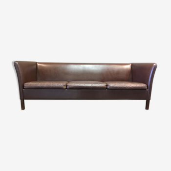 3-seater brown leather sofa Scandinavian design 1960.
