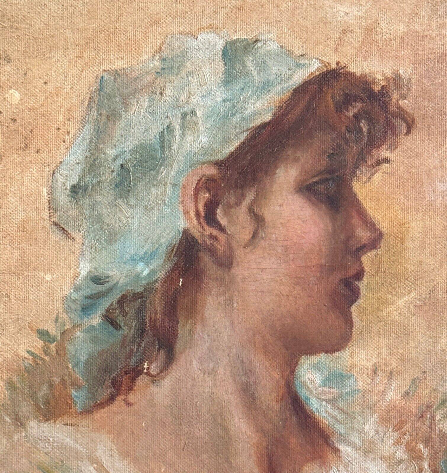 Oil on Isorel portrait of a young girl with a blue scarf, monogrammed MP