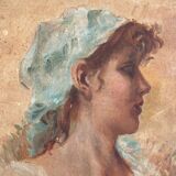 Huile sur isorel, portrait de jeune fille au foulard bleu monogramme MP
