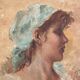 Huile sur isorel, portrait de jeune fille au foulard bleu monogramme MP