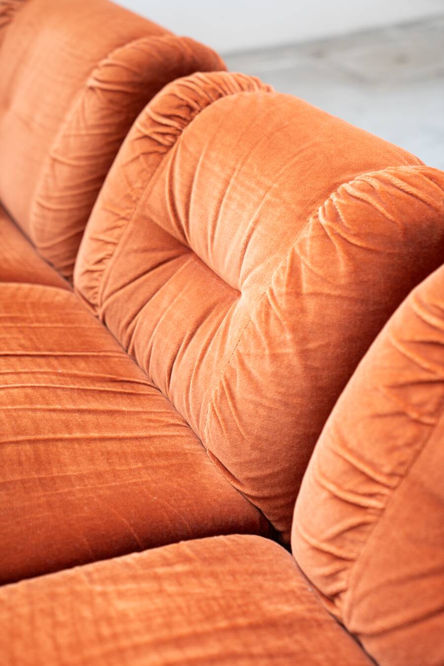 Orange chenille sofas, two and three seats, set of 2, 1970s