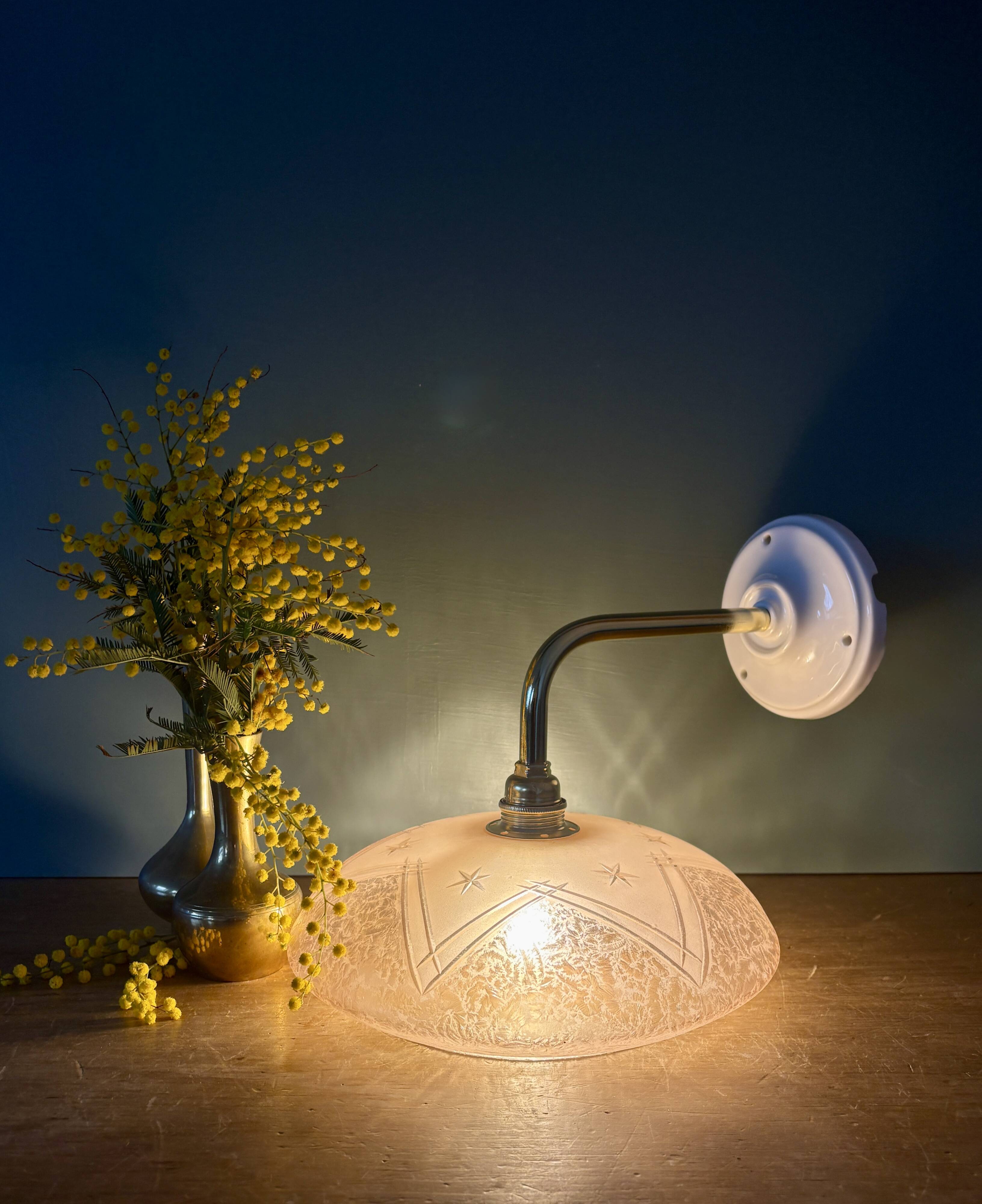 Vintage pink frosted glass wall lamp with elbow arm