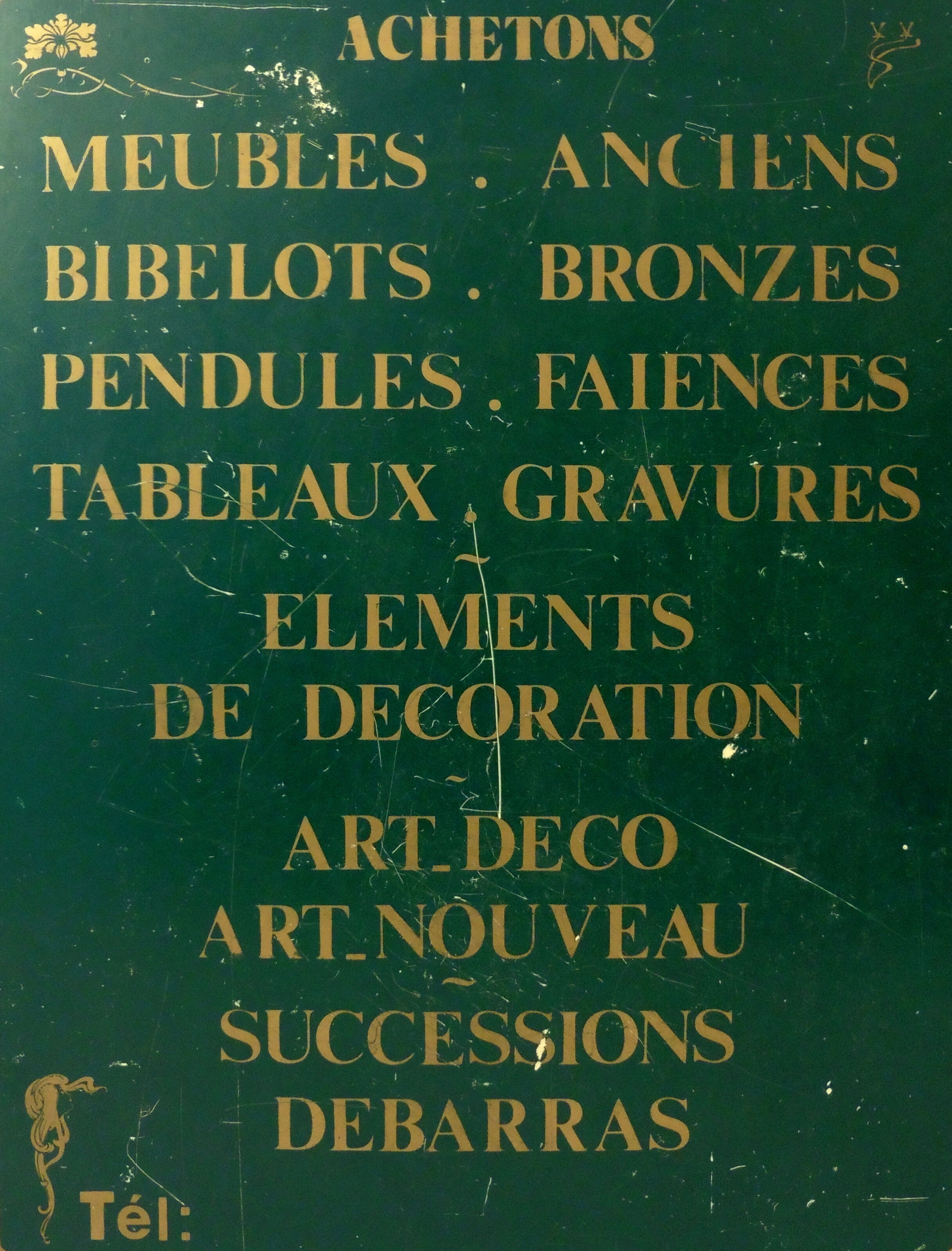 Plaque publicitaire en glaçoïde pour Antiquaire ou Brocanteur