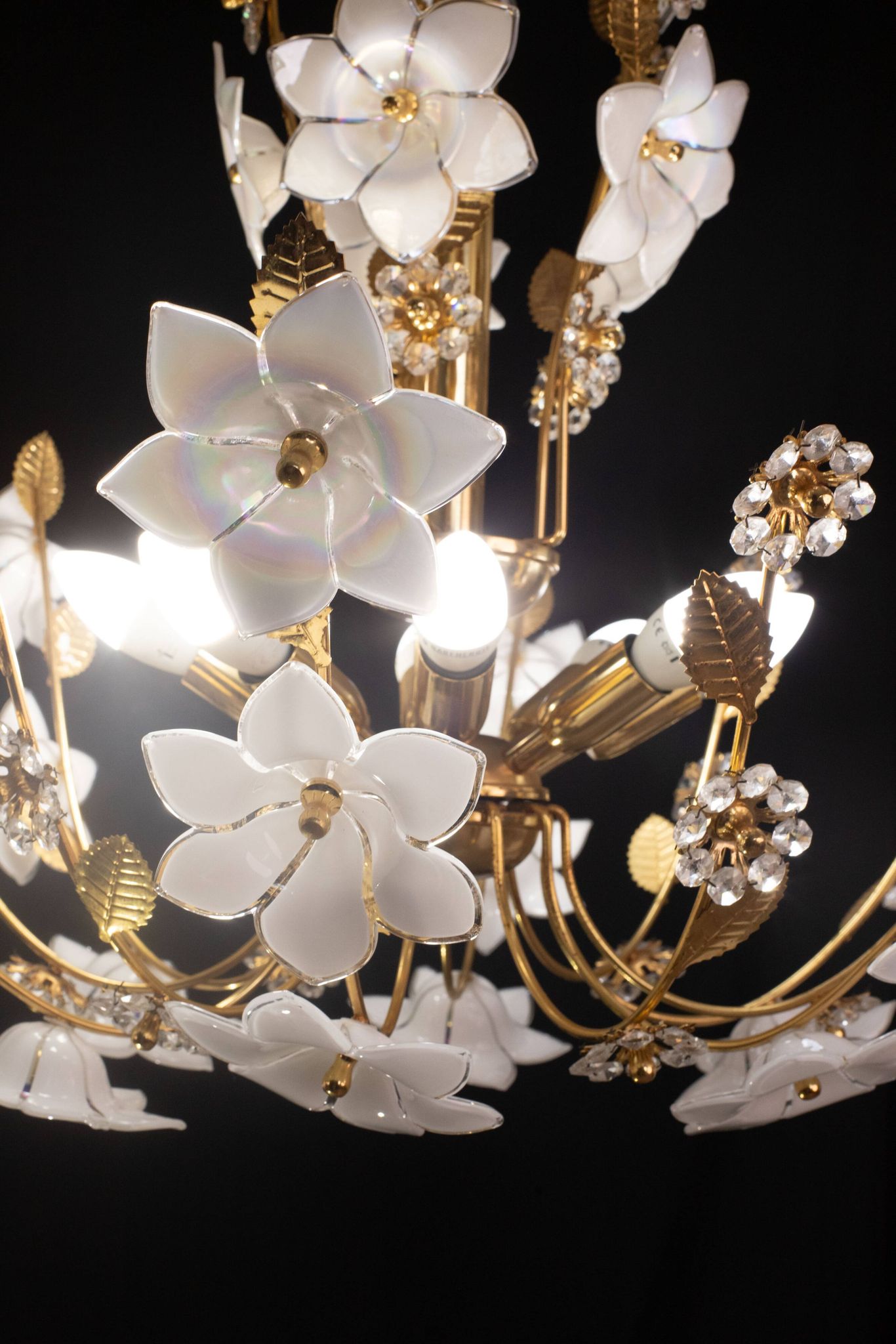 Large Size Vintage Murano Glass Chandelier White Flowers, 1970