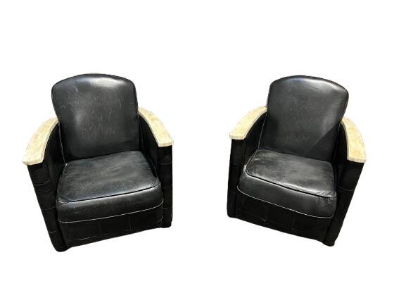 Pair of leather armchairs with marquetry armrests