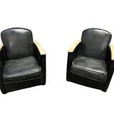 Pair of leather armchairs with marquetry armrests