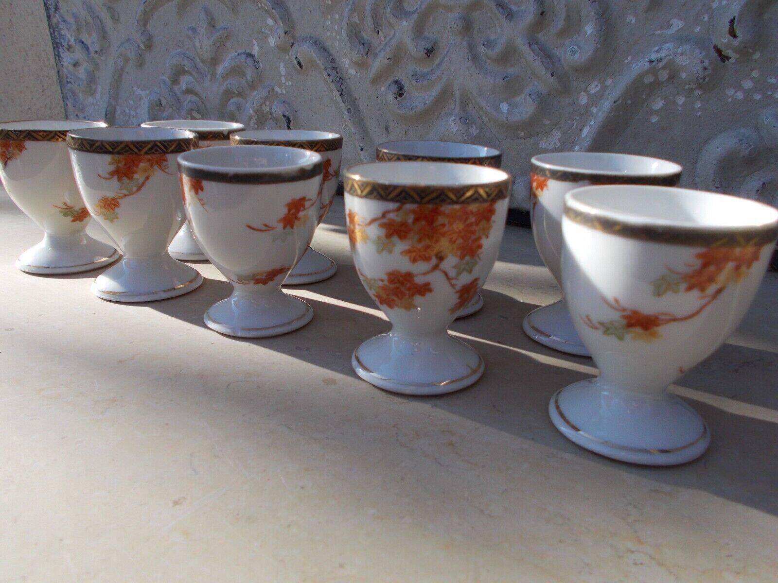 Vintage Japanese porcelain 8 egg cups with maple decor