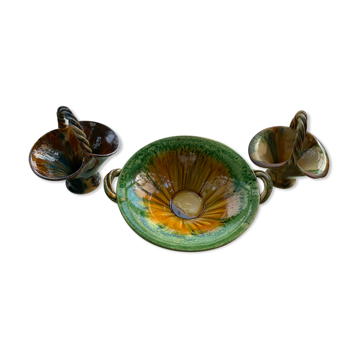 Cup and two baskets glazed sandstone pottery lacourbas with old issoire