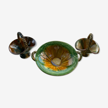 Coupe et deux paniers grès vernissé poterie lacourbas à issoire anciens