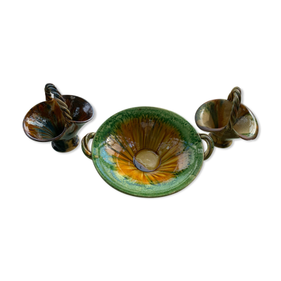 Coupe et deux paniers grès vernissé poterie lacourbas à issoire anciens