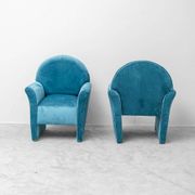 Pair of vintage blue velvet armchairs from the 1970s modernism