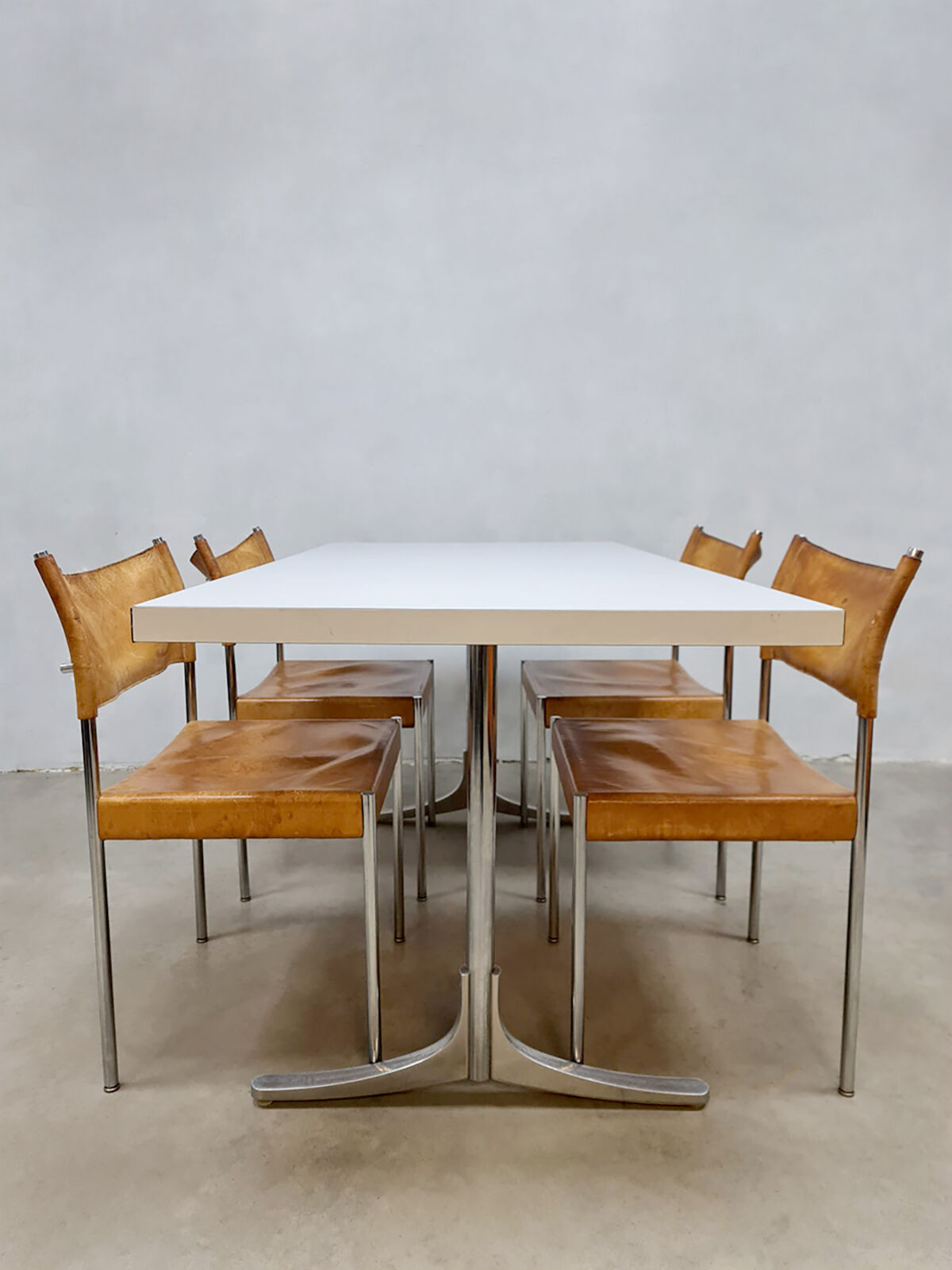 Vintage Dutch design chrome dining set leather chairs 'Minimalism'