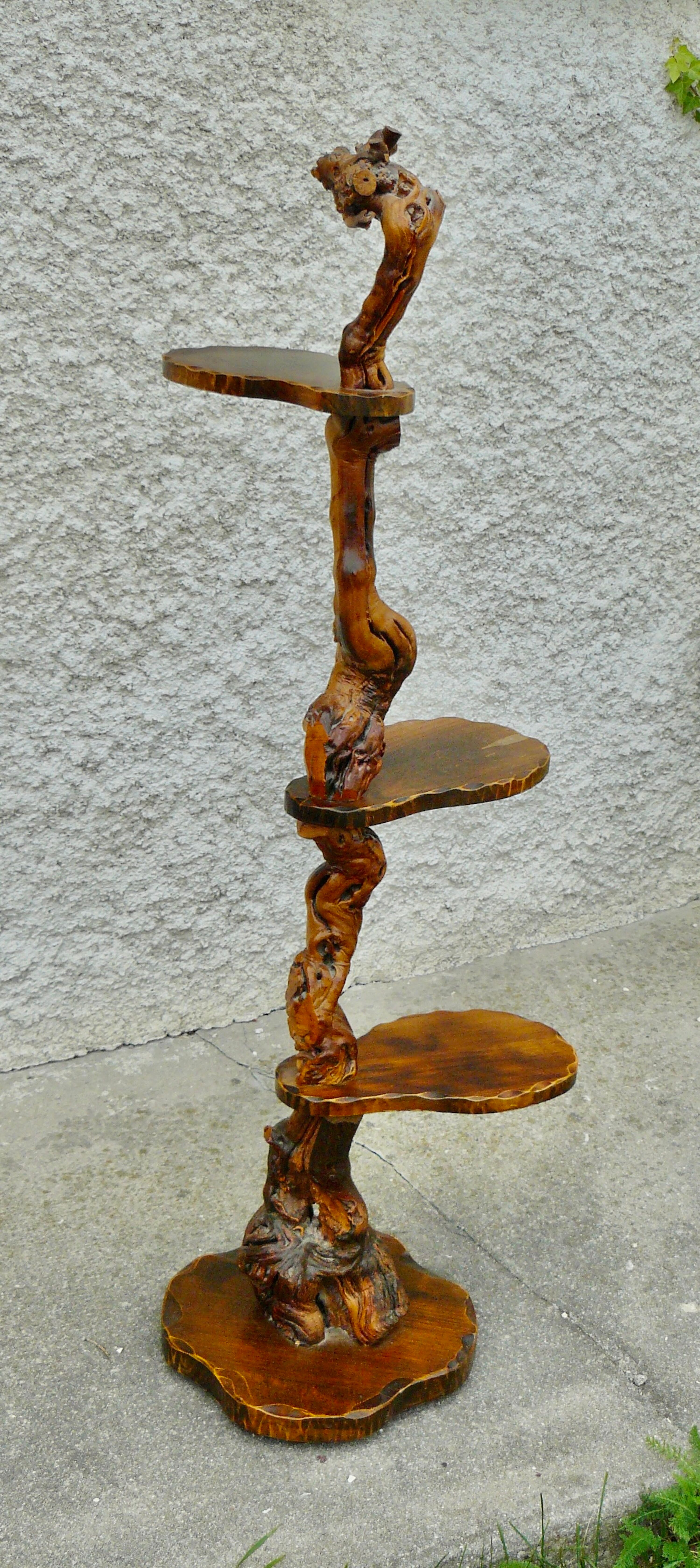 Brutalist shelf wood and vine holder vintage plant 1960