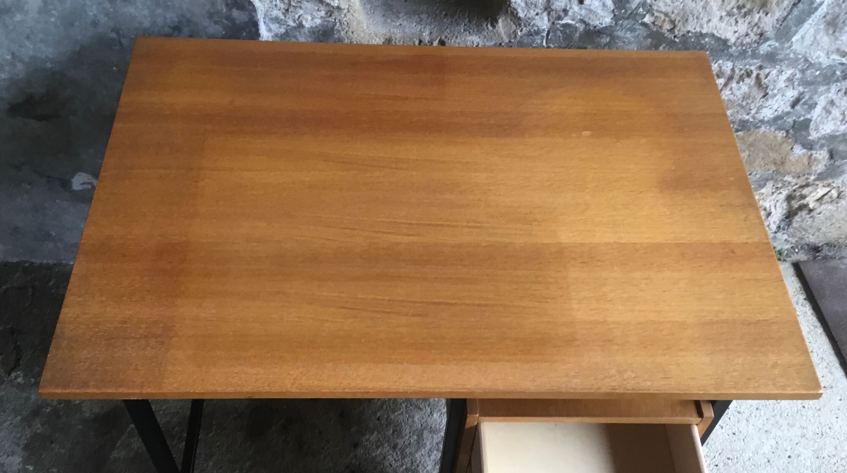 Modernist desk with drawers - tubular base and light oak top - vintage