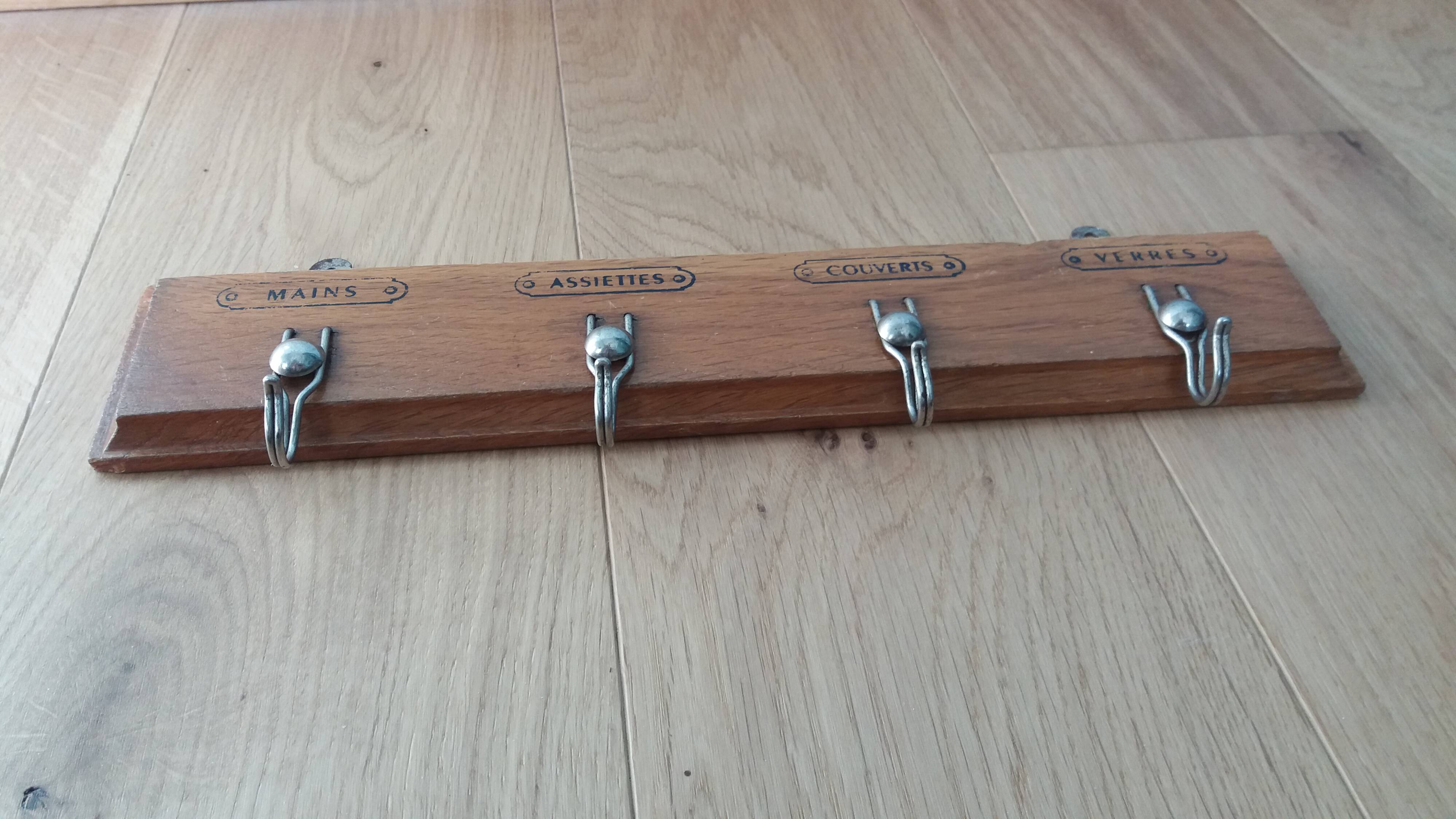 Tea towel holder, wooden and metal towel hook.