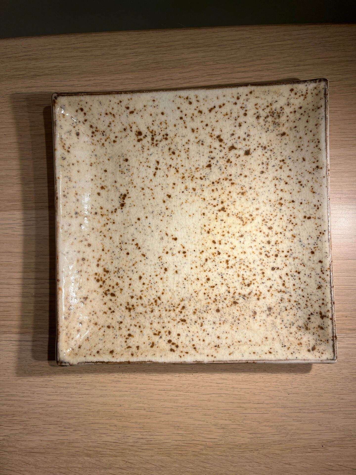 Vintage signed square ceramic plate – speckled cream enamel – 22