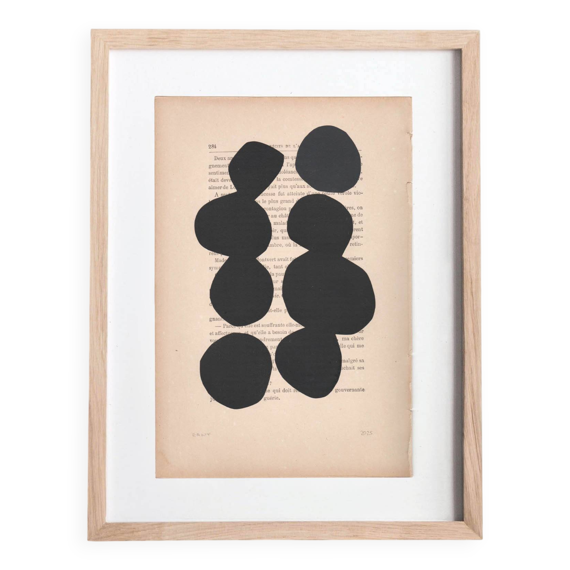 Collage on book page - abstract painting B129 black signed Eawy