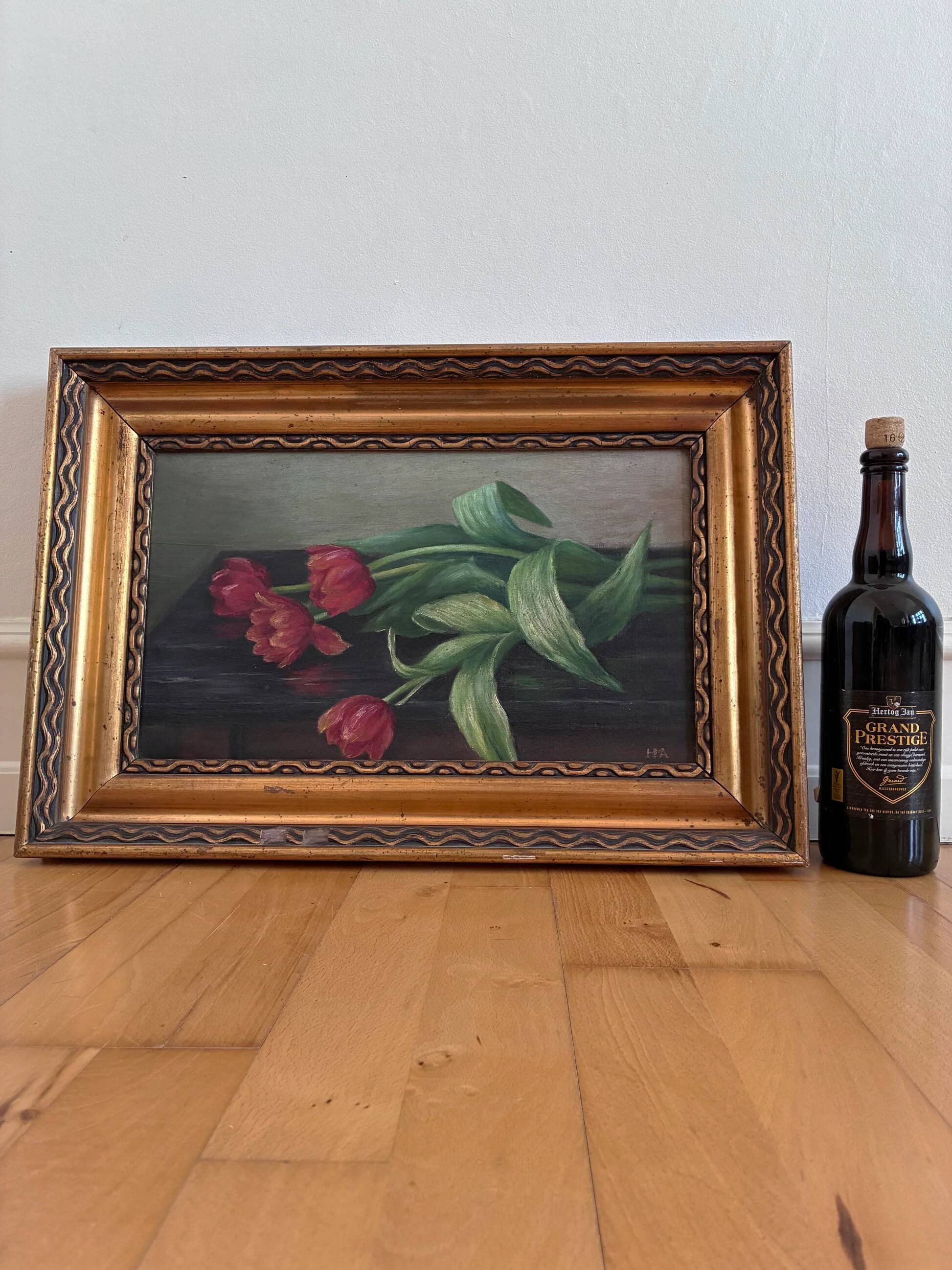 Peinture à l'huile, nature morte de tulipes vintage
