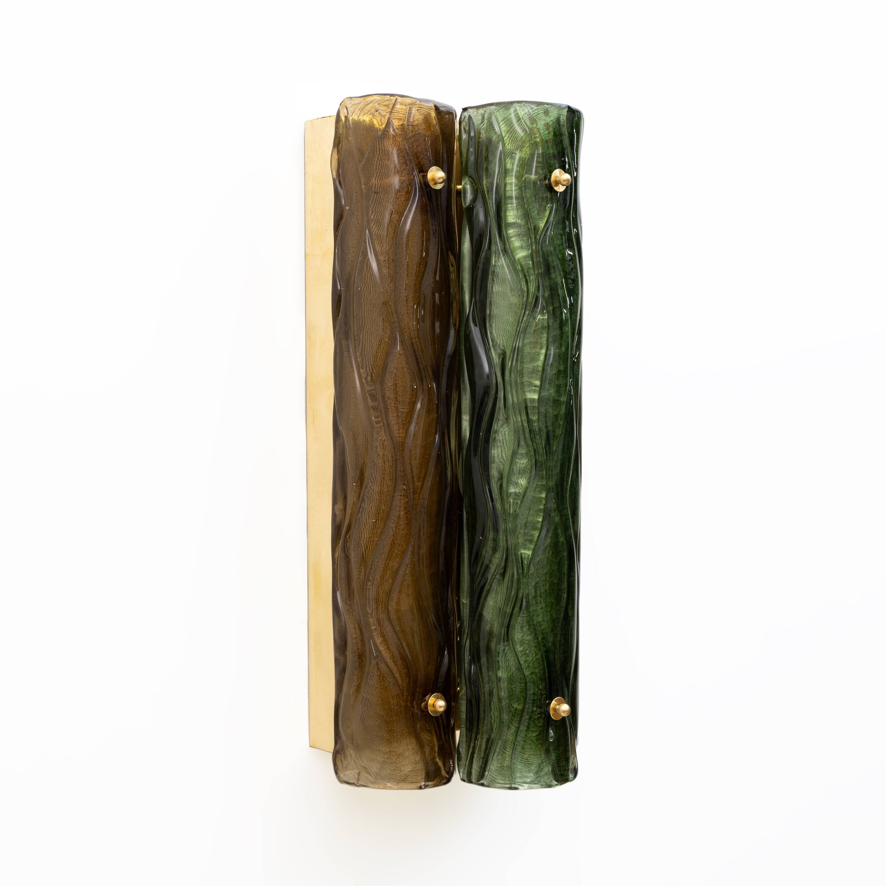 Pair of Modern Amber and Green Murano Glass and Brass Sconces