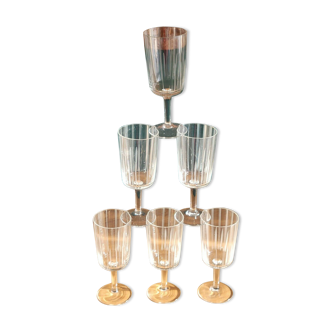 Set de 6 verres à pied vin ou liqueur décor traits gravés art déco