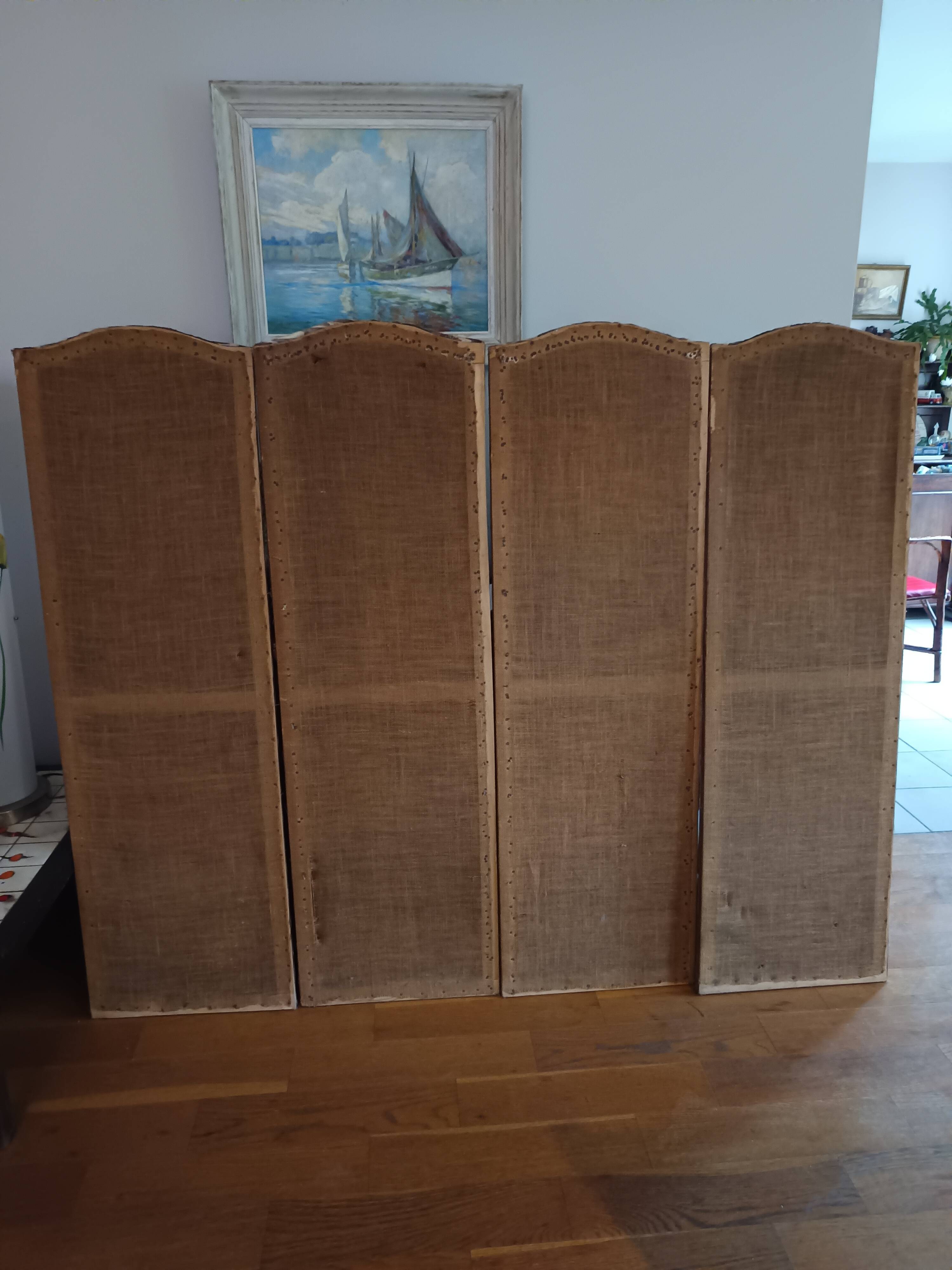 large antique headboard with 4 panels featuring Asian decor from the 1940s/50s