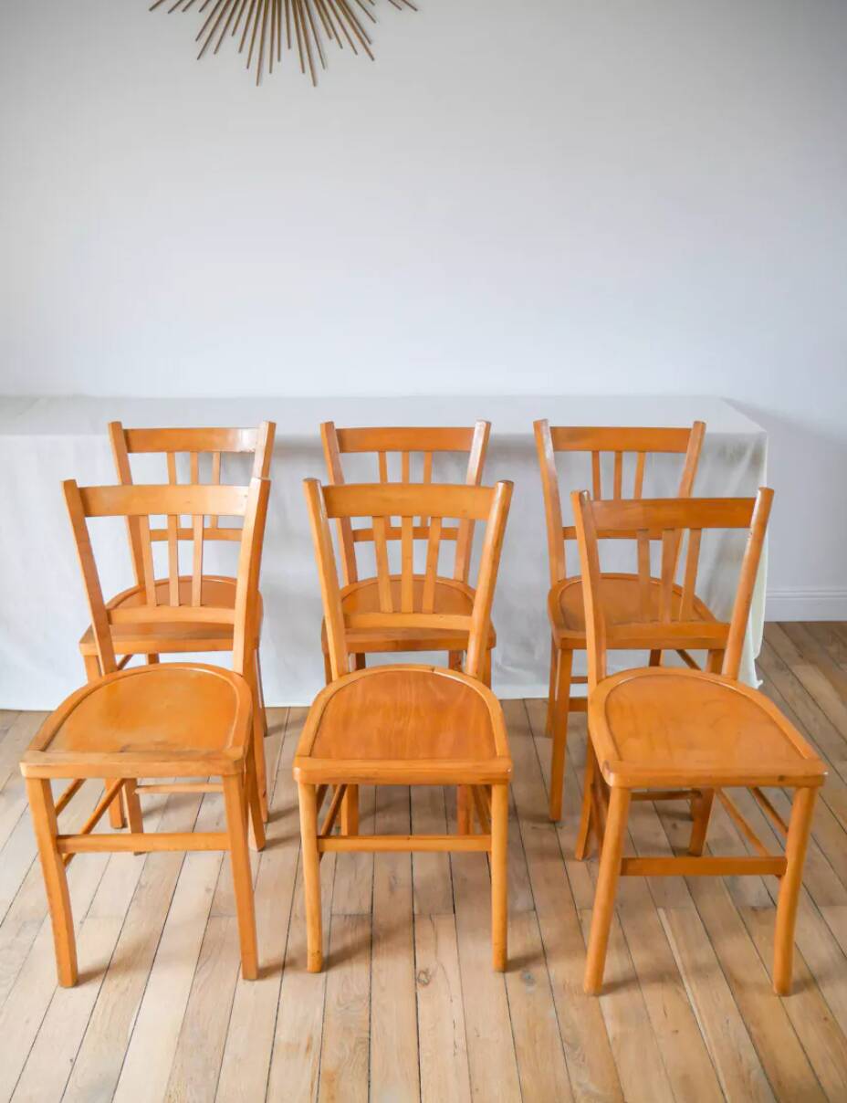 Set of 6 luterma blond wood bistro chairs 1950