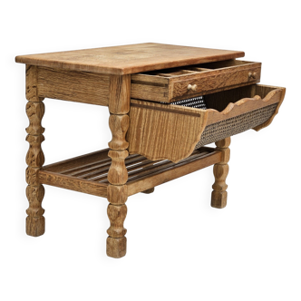 1970s, Scandinavian sewing table, solid oak wood, rattan.
