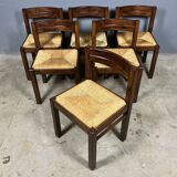 6x Chaises vintage en bois avec assise en jonc