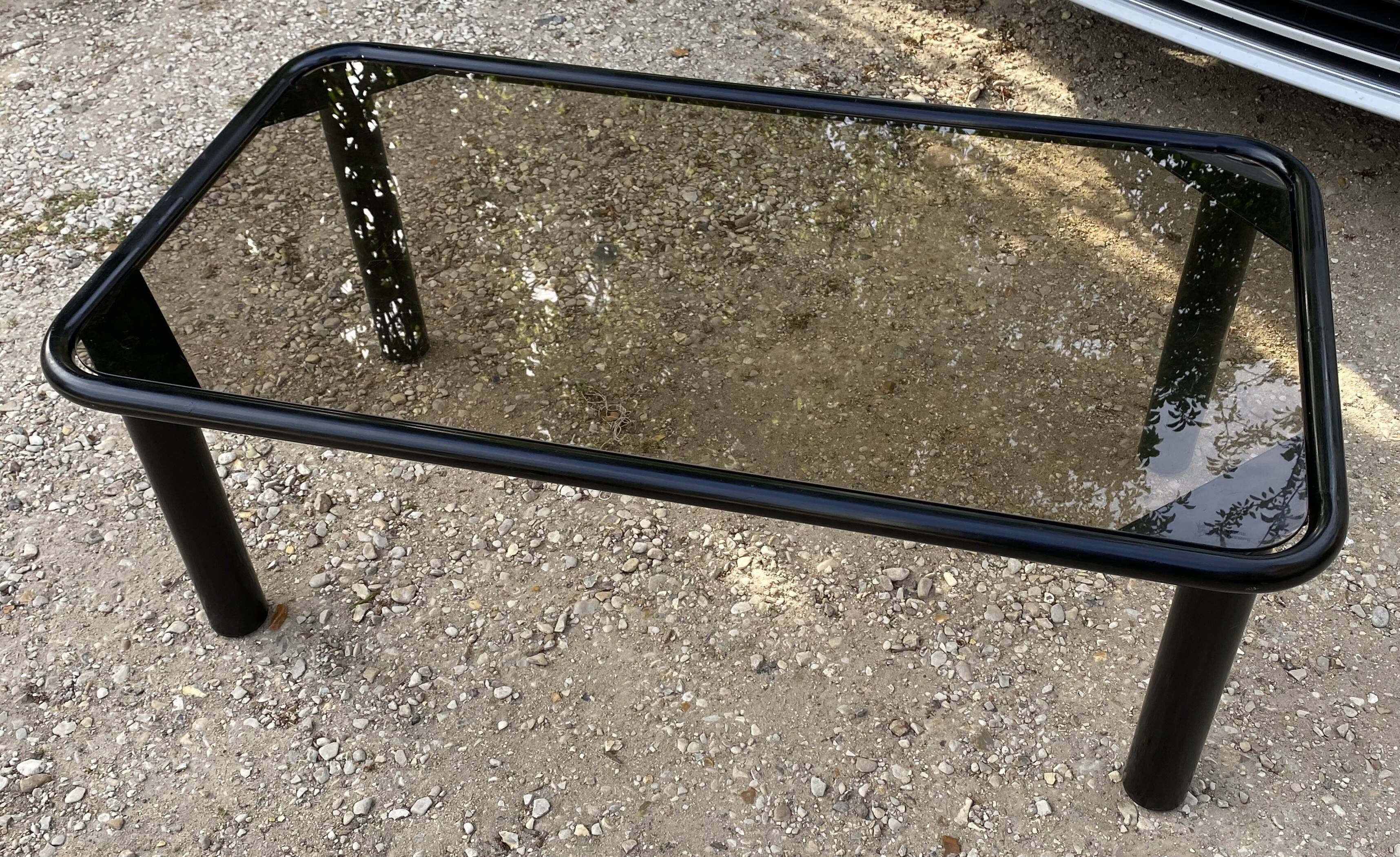 Black tubular coffee table with smoked glass by Yves Boutboul, 1980.