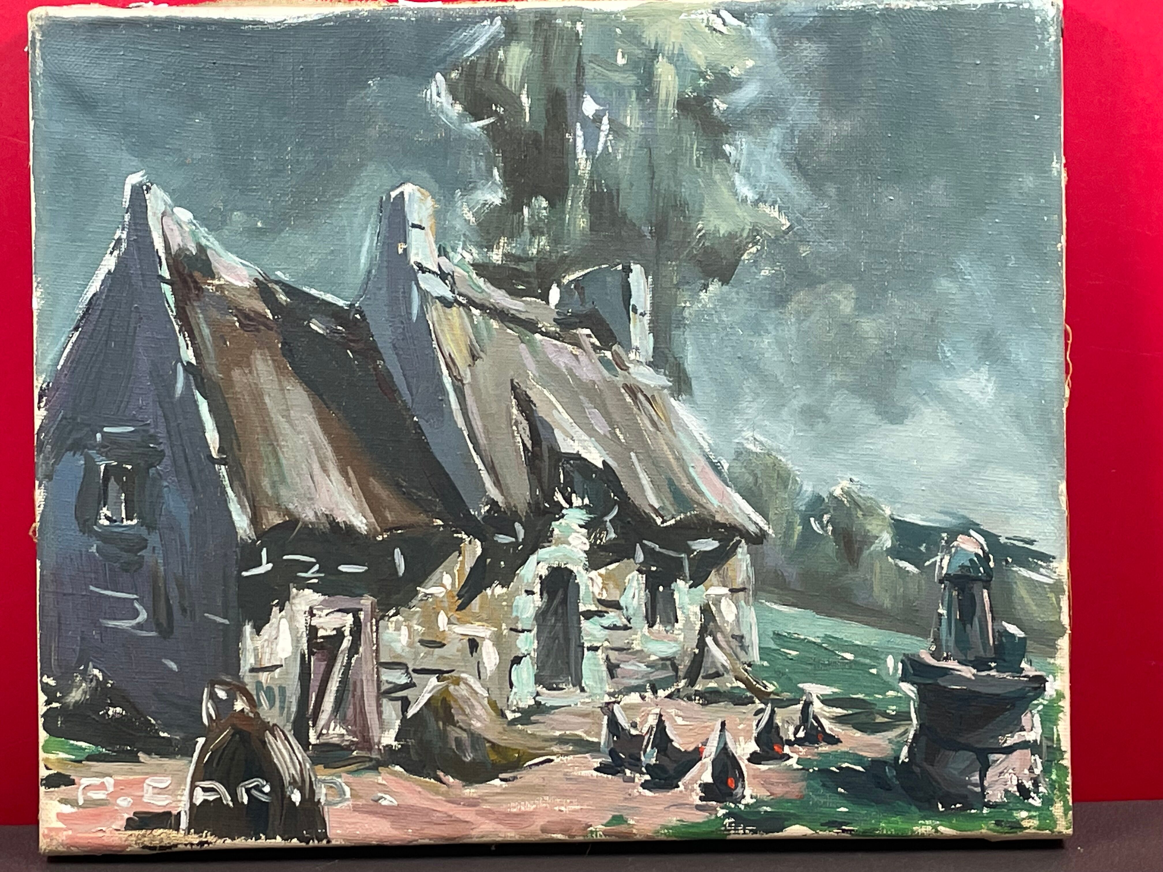 Huile sur toile ferme bretonne avec puits par P. Cario