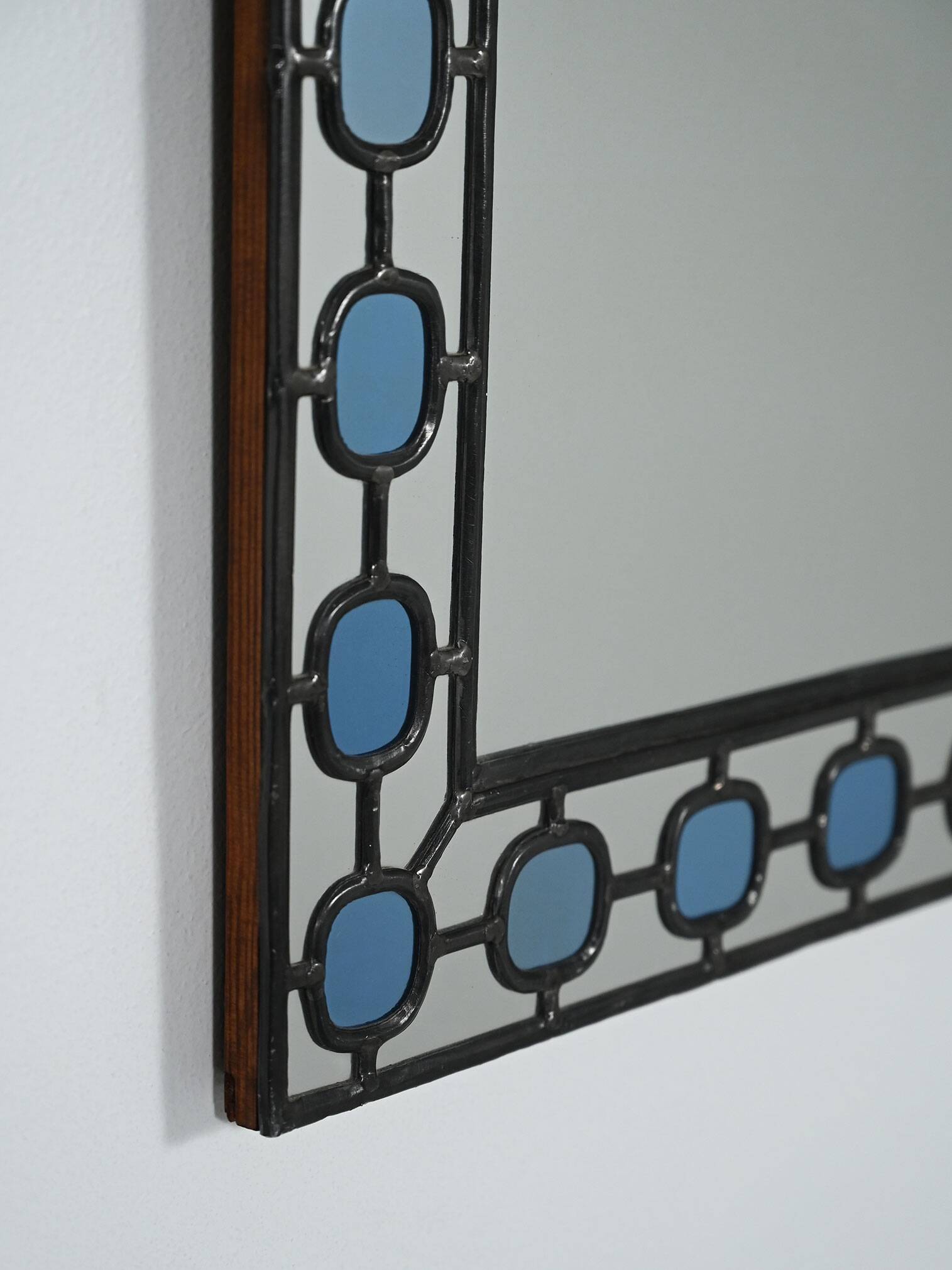 Scandinavian Mirror with light-blue leaded-glass frame