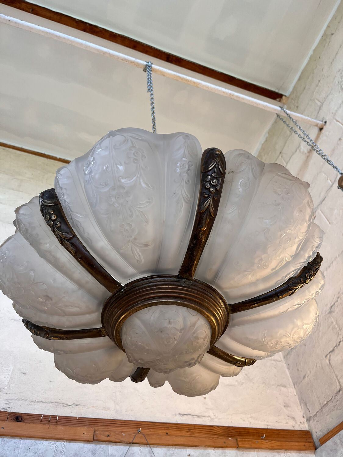 Art Deco chandelier 6 plates pressed glass bronze