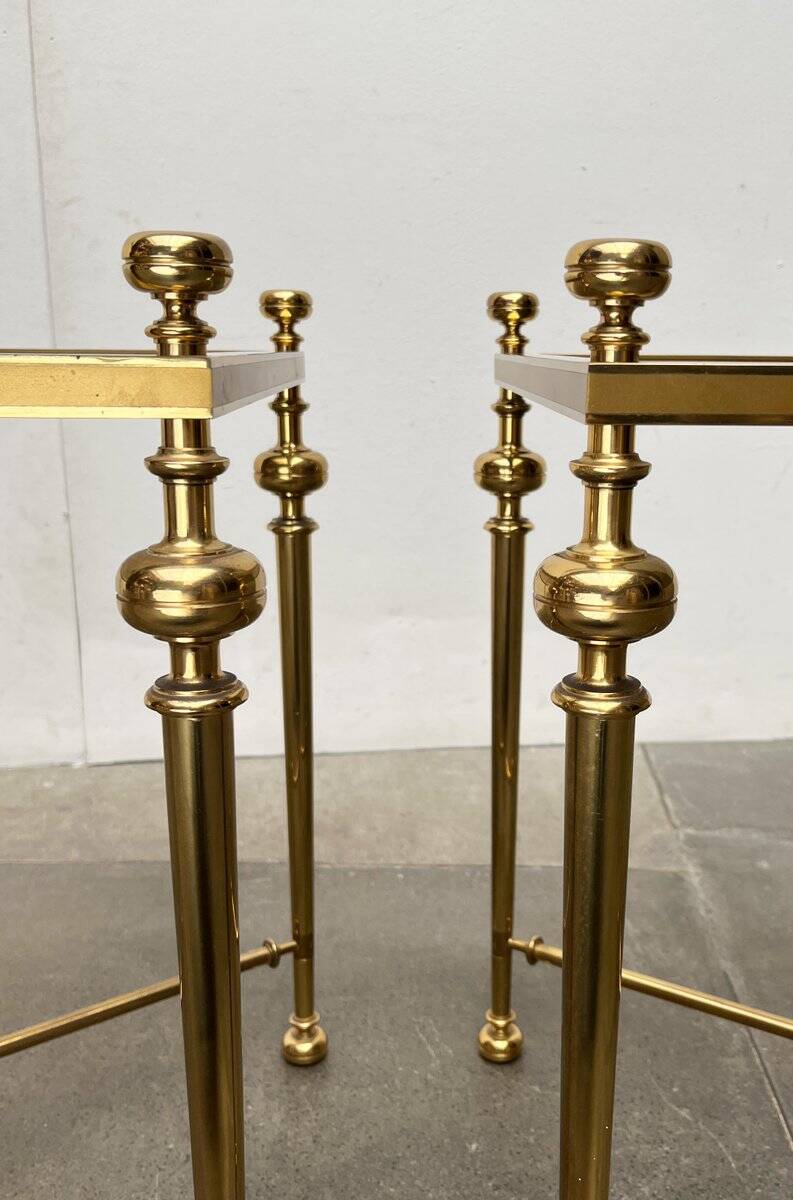 Mid-century Hollywood neoclassical brass and glass side or bedside tables attributed to Vereinigte Werkstätten, Germany, 1960s, set of 2.