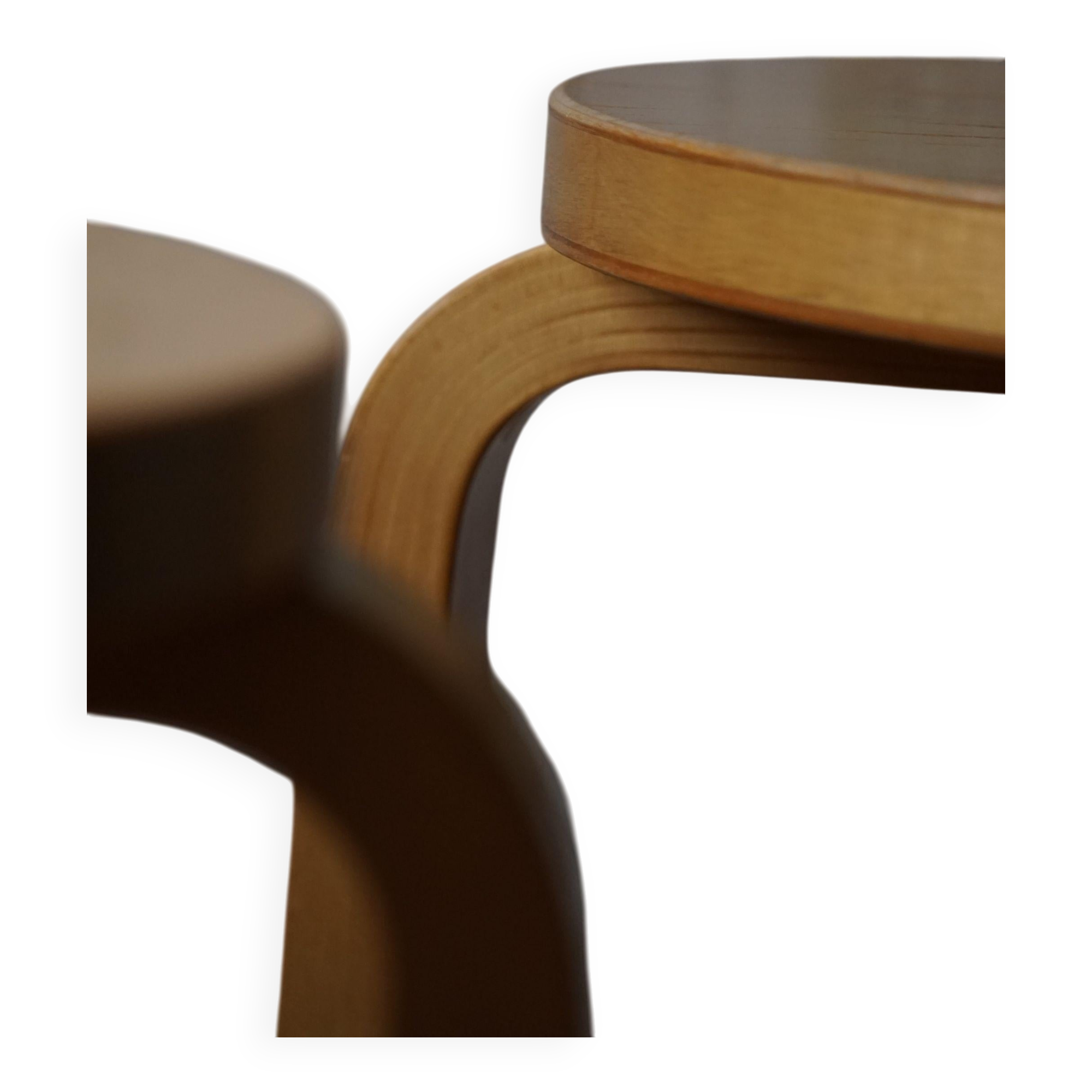 Alvar Aalto, a pair of vintage birch stools, model "60", made by Artek, 1970s.