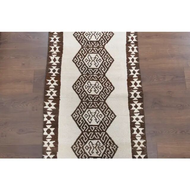 Vintage Turkish Hand-Knotted Wool Cotton White Runner Rug 78x354