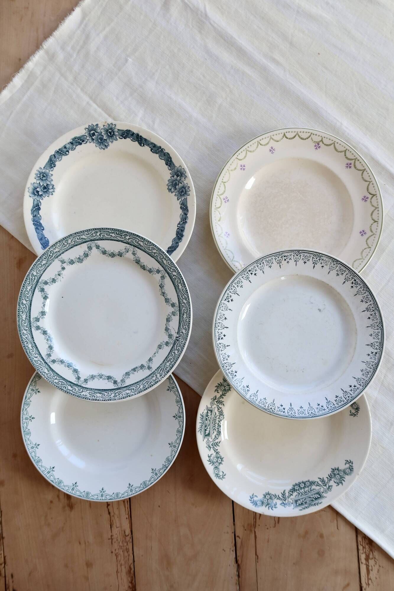 6 mismatched vintage ironstone plates – Green and blue patterns