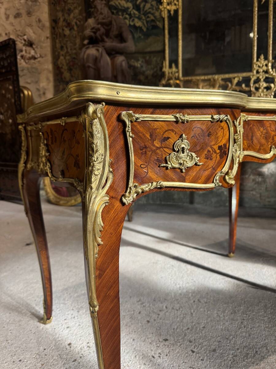 Louis XV style flat desk with marquetry from the Napoleonic III period.