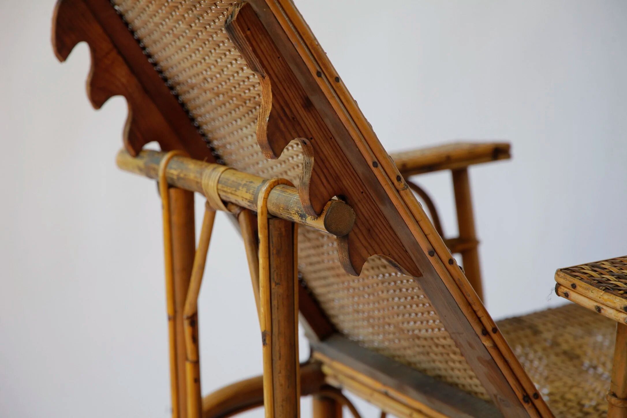 Vintage reclining armchair in rattan and bamboo, French Riviera, year