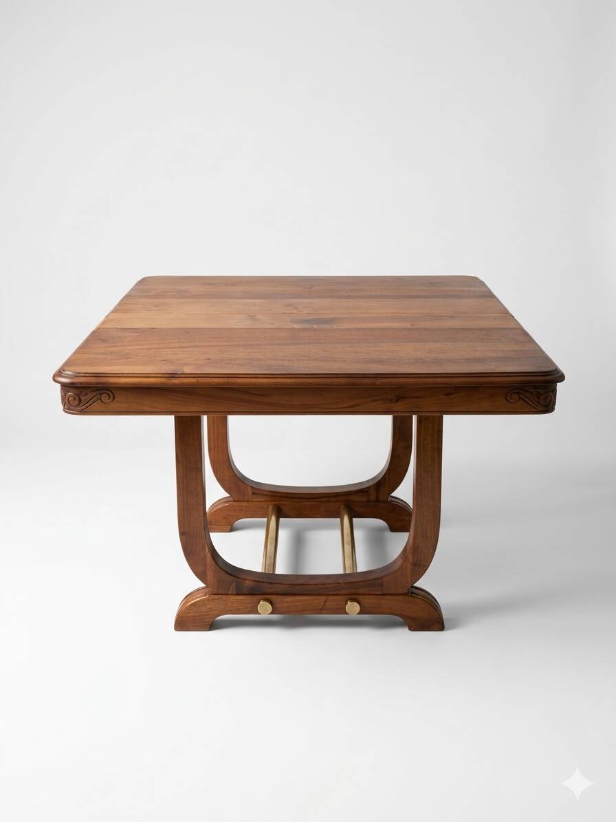 Art Deco extendable table in solid wood and brass.