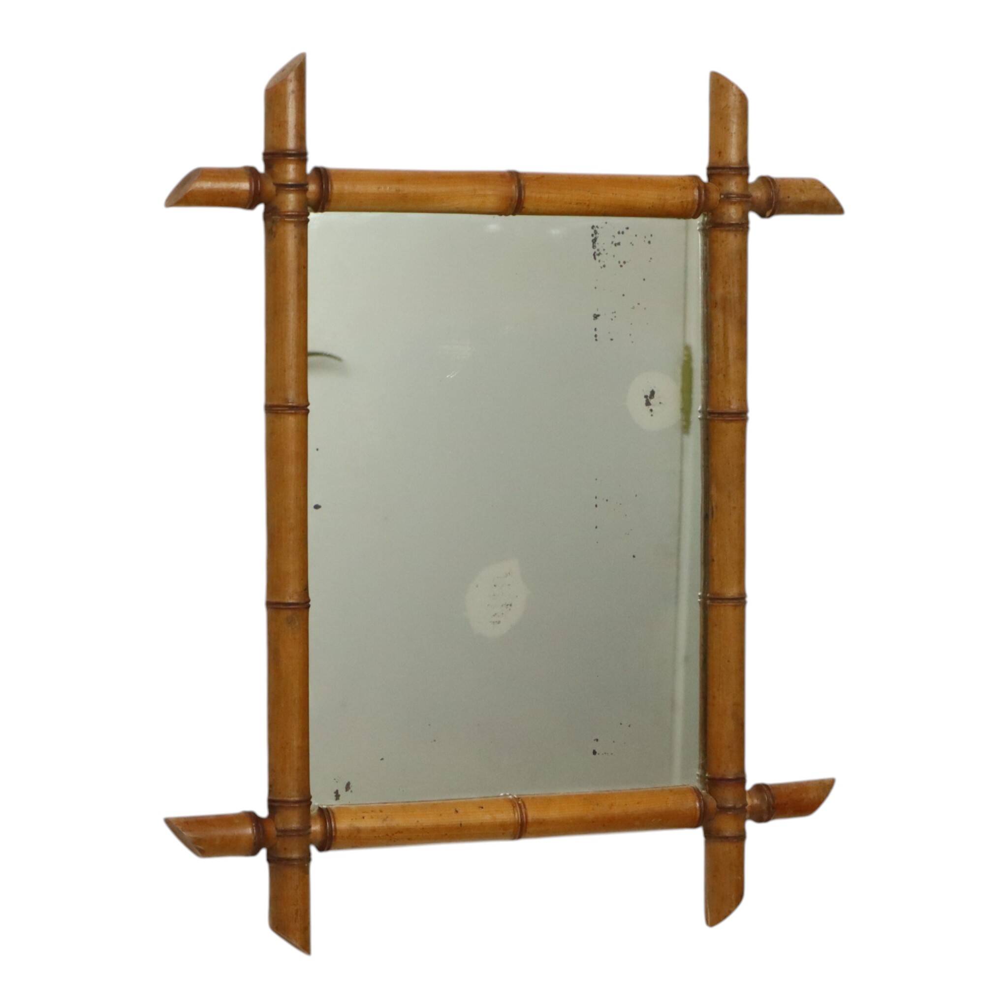 French Wooden Mirror, Faux Bamboo Chinoiserie, 57x47cm