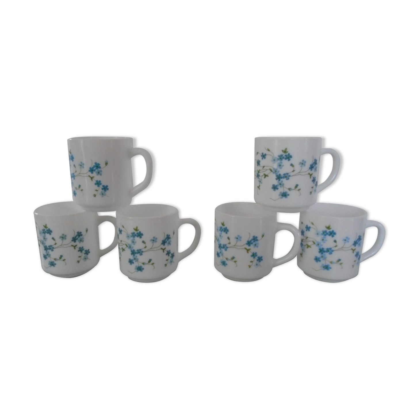6 mugs veronica blue flowers Arcopal France vintage