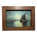 Painting. Oil on wood. Seascape, night, moonlight, fishing boat