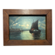 Painting. Oil on wood. Seascape, night, moonlight, fishing boat
