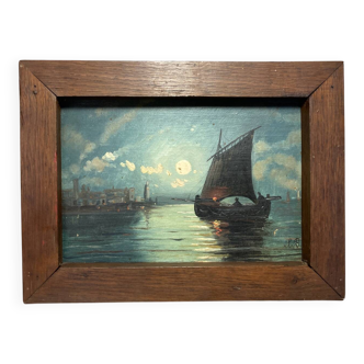 Painting. Oil on wood. Seascape, night, moonlight, fishing boat