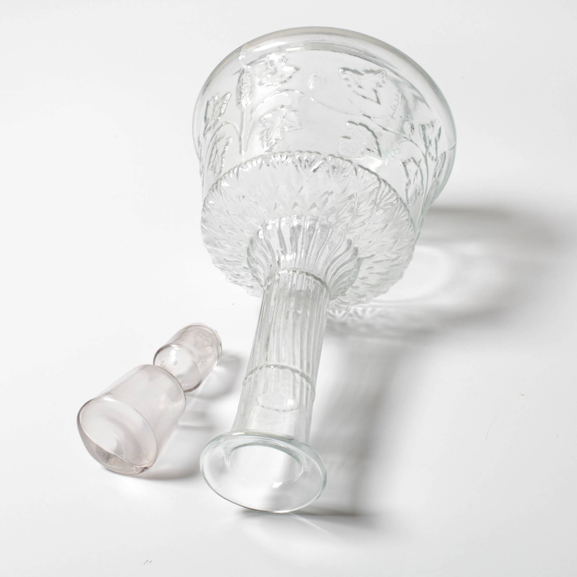 Clear Pressed Glass Floral Patterned Wine Bottle with Stopper / Italy /1930