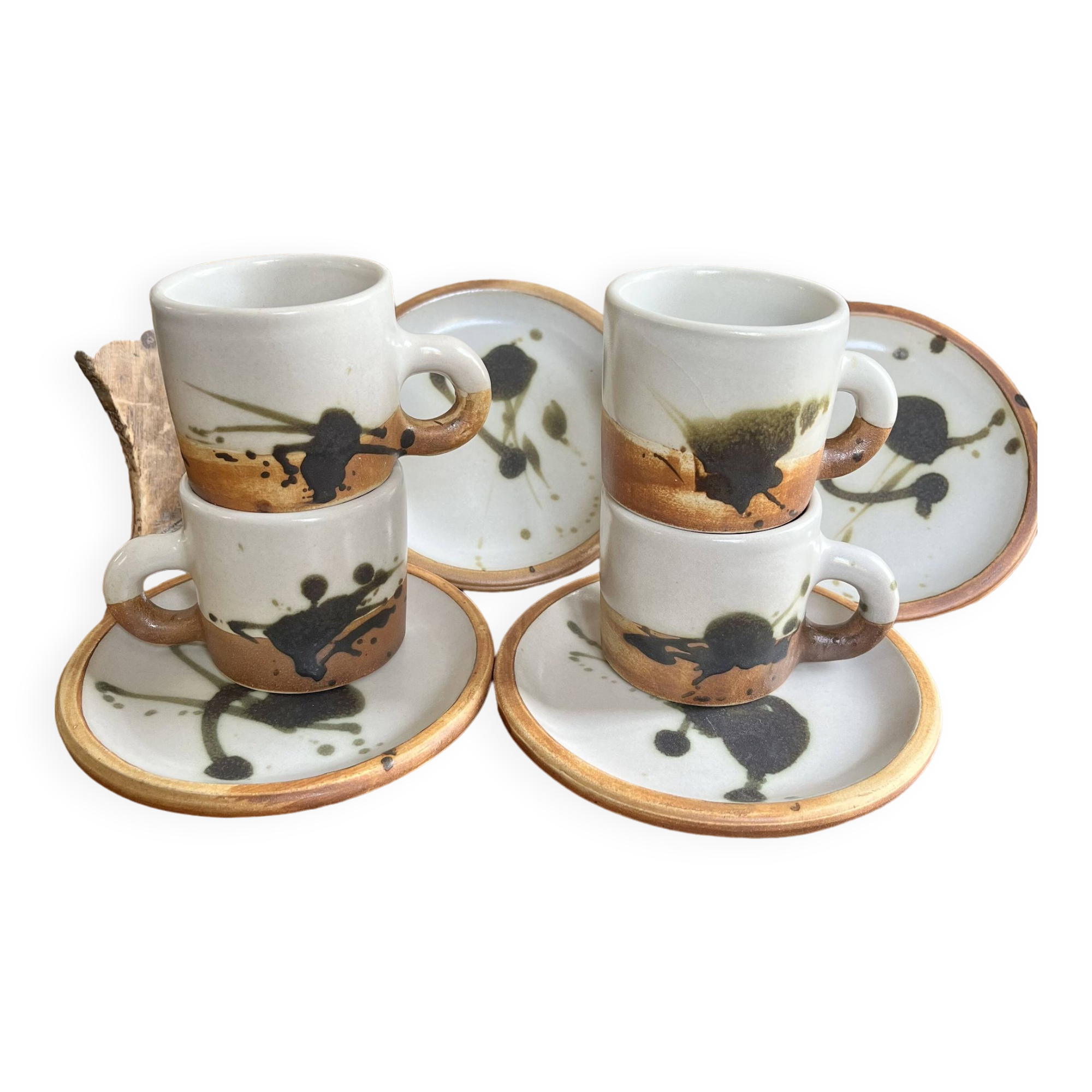 Coffee cups and plates Poterie de La Colombe tachist stoneware 50/60