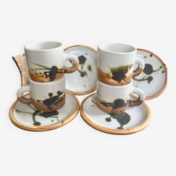 Tasses à café et assiettes Poterie de La Colombe grès tachiste 50/60