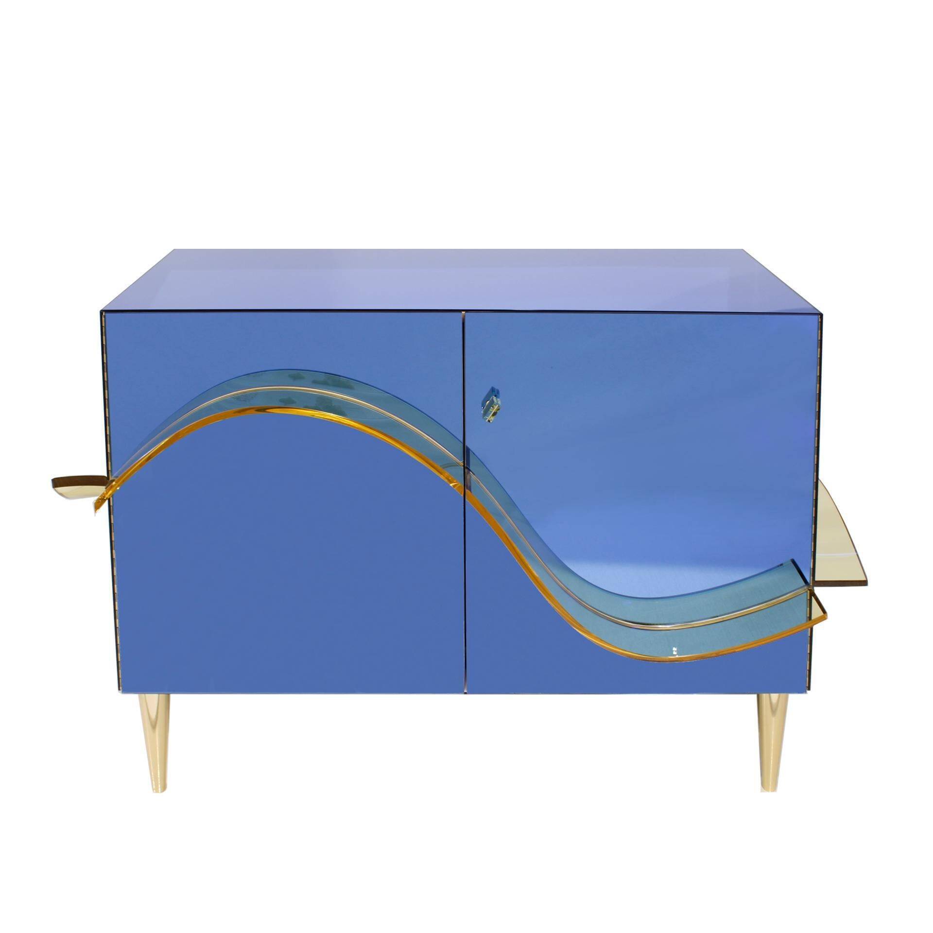 Italian Sideboard Covered In Blue and Orange Murano Mirrored Glass