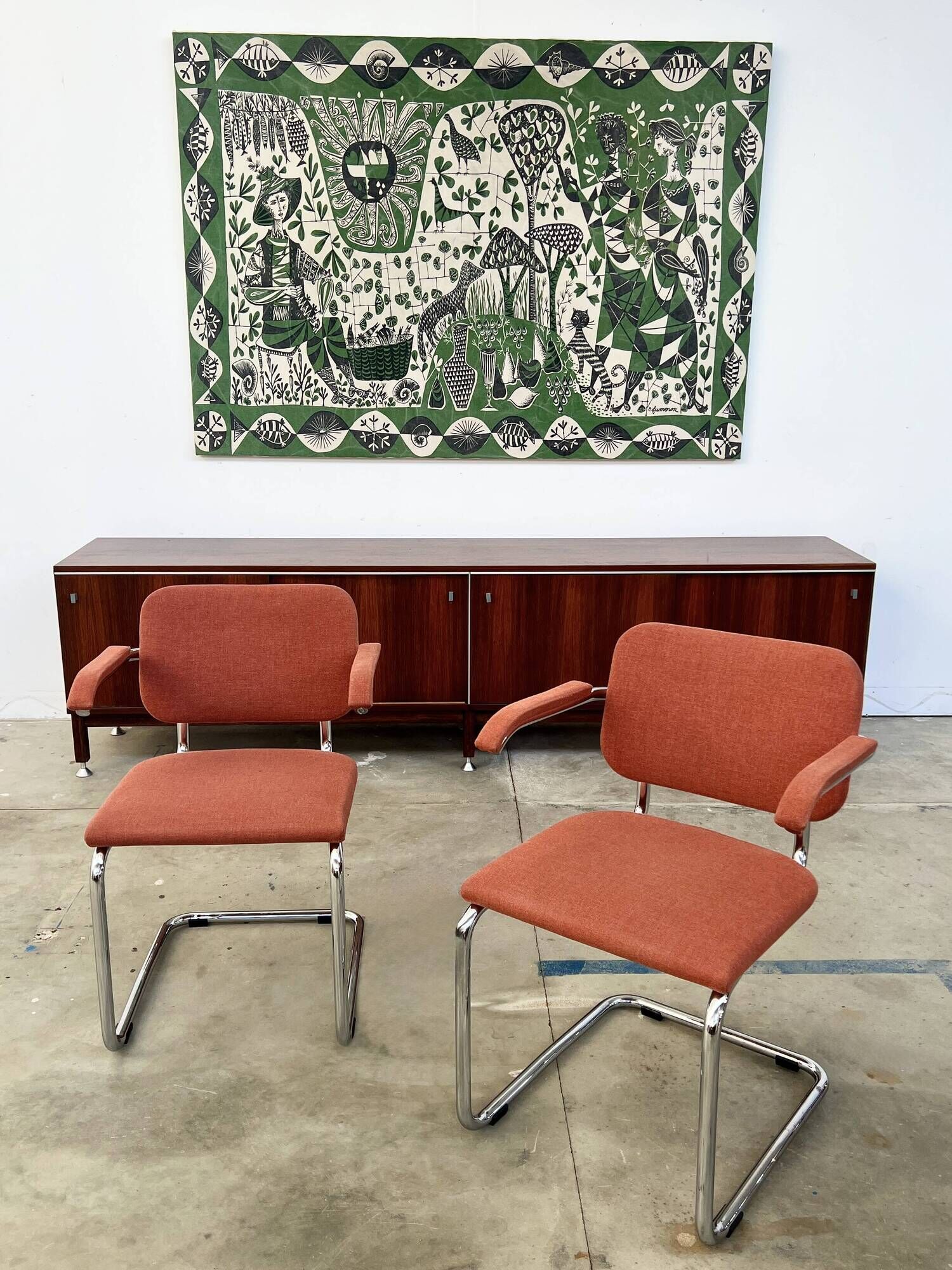 Pair of Marcel Breuer B64 Knoll armchairs in coral fabric