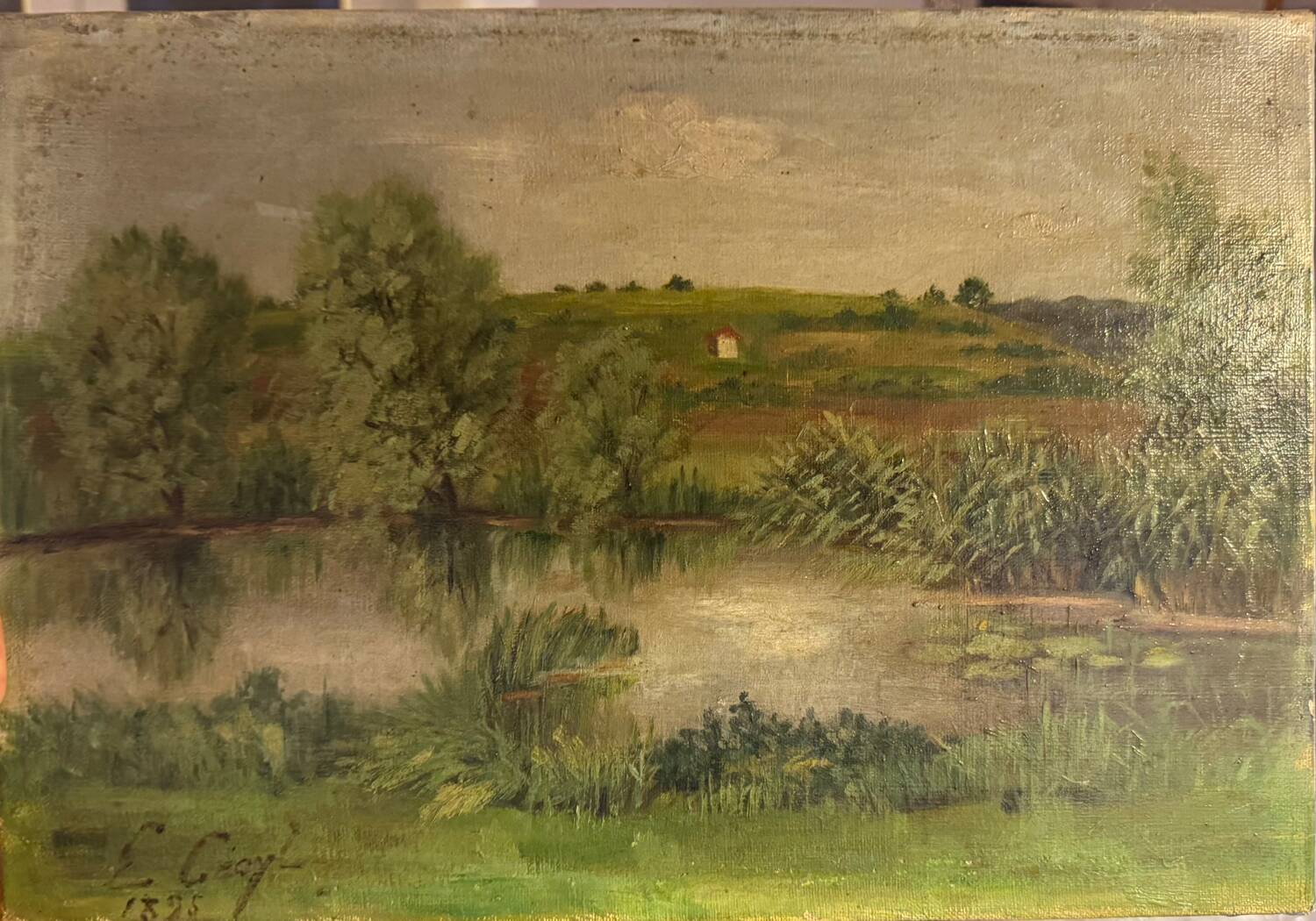 Antique painting, landscape with pond, signed and dated 1895